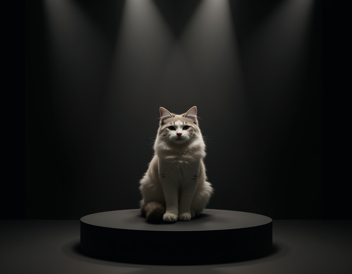 Photorealistic studio portrait of cat sitting elegantly on a black podium under a bright spotlight.